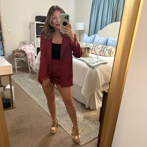 Deep Red Satin Two-Piece Shorts & Blazer Set